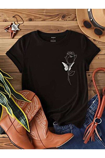 23ERVA Western Style, Women's Rose Butterfly Design, Pure Cotton T-Shirt, Spr...