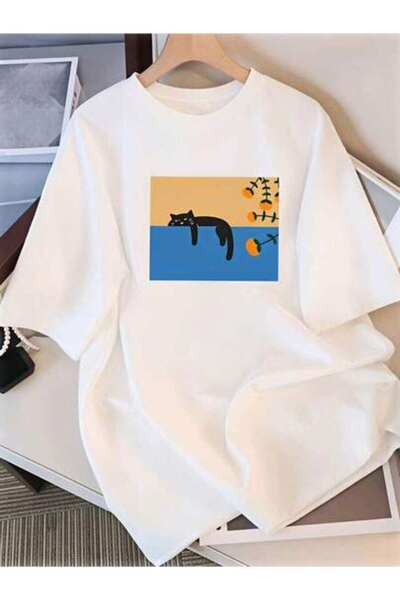 23ERVA Cute Design, Women's Black Cat And Orange Tree Print, Pure Cotton T-Sh...
