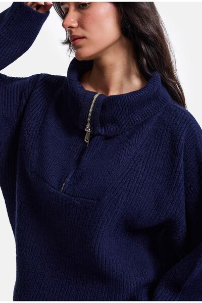 it's basic Women's Navy Blue W6-56 Oversize Zippered Knitwear Sweater