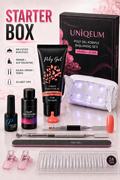 Uniquem Poly Gel Tırnak Uzatma Koral Mercan Jel Oje Starter Box 9 Parça + 24 Tips Seti Uv Led Full Paket