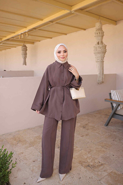 İmajButik Brown Striped Tunic Trouser Set
