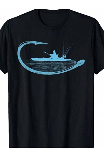 25W Men'S Kayak Graphic T-Shirt - Cotton Crew Neck, Short Sleeve, Black With ...