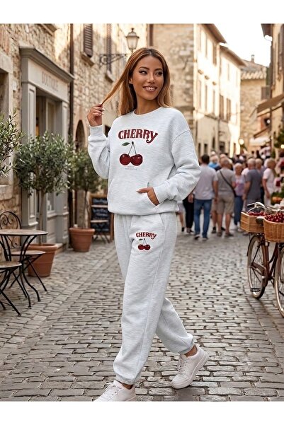 WOODROFFE Women's Cherry Printed Crew Neck Tracksuit Set Oversize