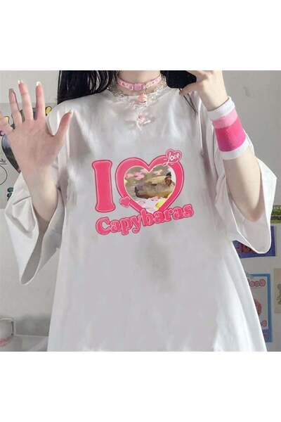 DEEFWEAR Mi̇ngalondon I Love Capybaras Printed White Unisex Oversize T-Shirt