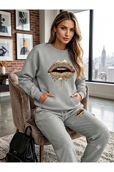 WOODROFFE Women's Lip Print Crew Neck Tracksuit Set Oversize
