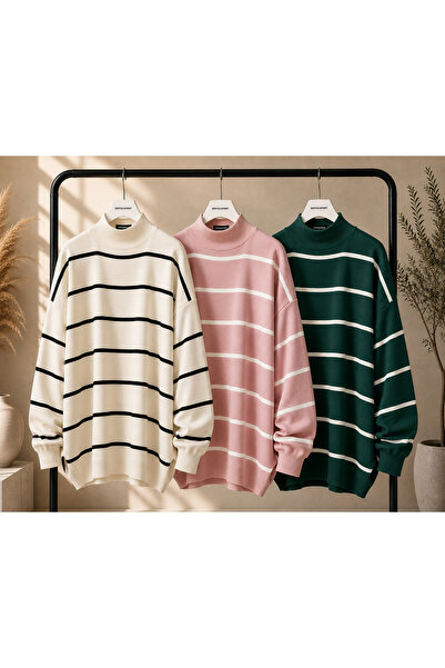 DepoExport Women's 3-Piece Striped Knitwear Sweater Oversize Loose Design