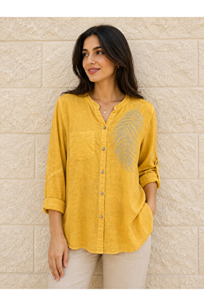 AGORATEKSTİL Women's Stonewashed Cotton Fabric Pocketed Fakir Sleeve Shirt