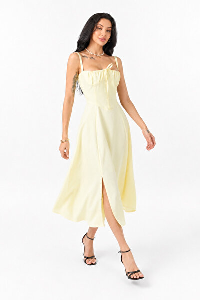 Asfaha Fashion Women's Corset Lace-Up Detailed Slit Midi Dress
