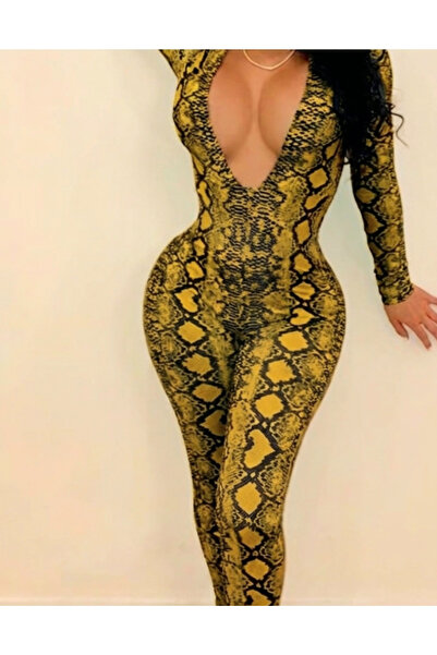 Rosy Live in style Women's Snake Patterned Low-Cut Long Sleeve Bodycon Jumpsu...