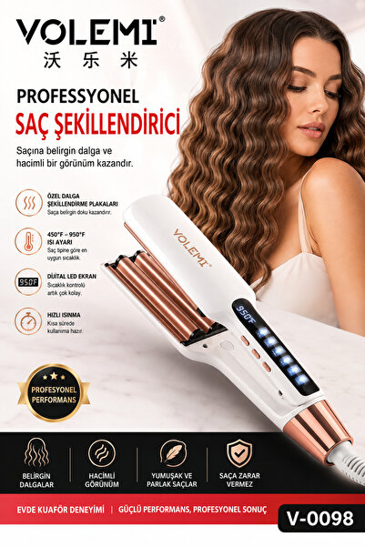 VOLEMİ Profesyonel Su Dalgası Maşası 3 Kanallı Saç Maşası Dijital Ekran 450-9...
