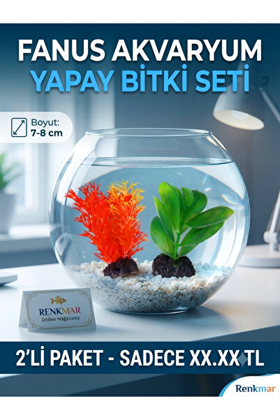 renkmar Fanus Akvaryum Yapay Bitki Seti 7-8 cm 2'li Paket Dekoratif Plastik Süs