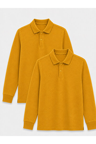 ROZELT 2-Pack Cotton Long Sleeve Polo School T-Shirts - Mustard