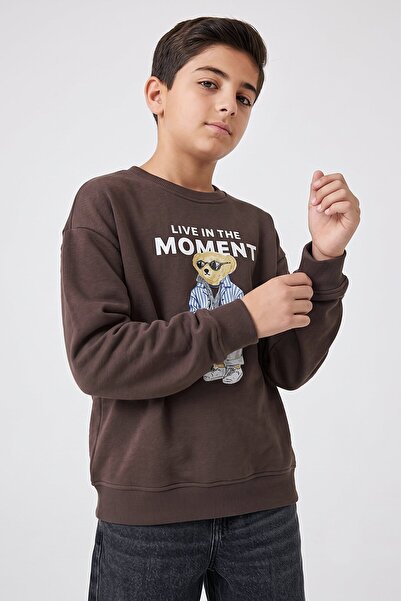 Dmb Boy's Teddy Bear Printed Crew Neck Sweatshirt