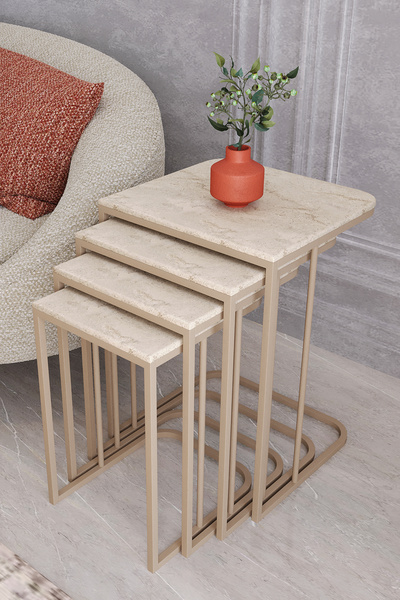 MASALCI MOBİLYA TOKYO 4 LÜ ZİGON SEHPA TRAVERTEN MDF AHŞAP