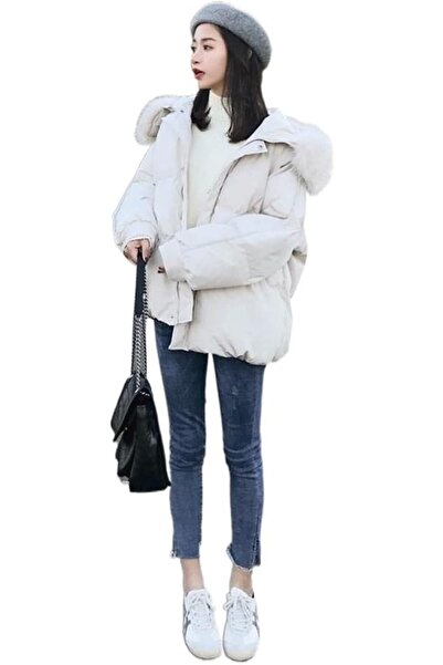 GENERAL Womens down jacket Solid Color Double Pockets Hooded Fur Collar Loose...