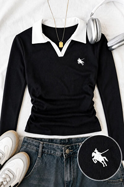 1blood Olos Polo Collar Embroidered Gathered Long Sleeve Blouse