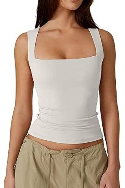 GENERAL Women's Square Neck Sleeveless Double Layer Tank Tops Summer Sleevele...