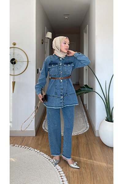 Colomer Women's Double Pocket Belted Tassel Detail Pants and Jeans Set