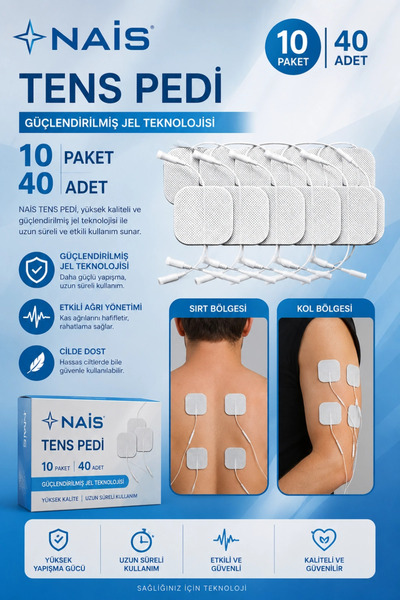 10 Paket, 40 Adet Nais Gold Tens Elektrod Pedi 5x5 Cm Extra Güçlendirilmiş Yapışkanlı Kumaş, Tens Pe
