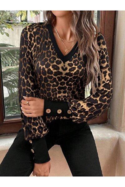 oniks store Women's Long Sleeve V-Neck Patterned Single Jersey Blouse