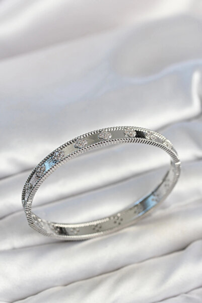 SORA GROUP Silver Color Brass Clover Model Zircon Stone Women's Cuff Bracelet