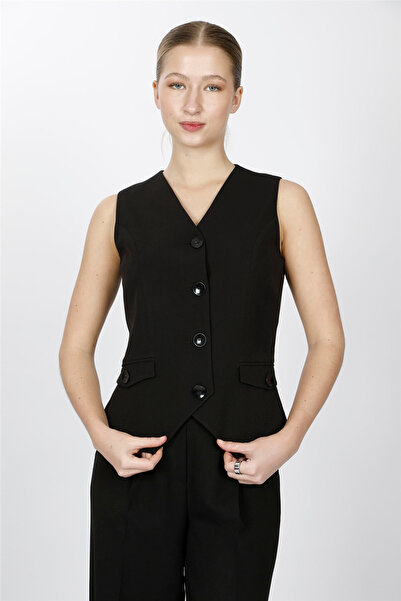 ÖNDER ÖZSOY V-Neck Vest with Decorative Buttons 1530100-Black - 1530100