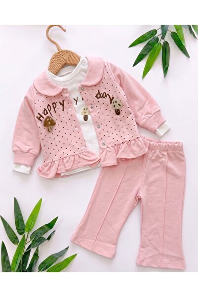 VOY KİDS Baby Girl Stylish 3-Piece Cardigan Set with Mushroom Detail, Sweatsh...