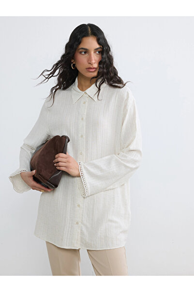 LC Waikiki Lcw Modest Ecru Textured Linen Mixed Women's Shirt Tunic