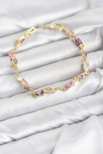 SORA GROUP Brass Gold Color Pink and Purple Zircon Stone Flower Model Women's...