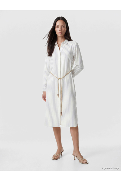 LC Waikiki Lcw Everyday Blue Striped Linen Blend Women's Shirt Tunic