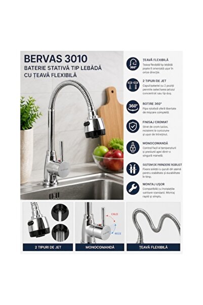 Bervas Baterie de chiuvetă tip lebădă cu pipă flexibilă – Monocomandă, Crom