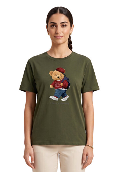 DK DAKSEL Women's Khaki Teddy Bear Printed T-Shirt Life Is a Journey Comforta...