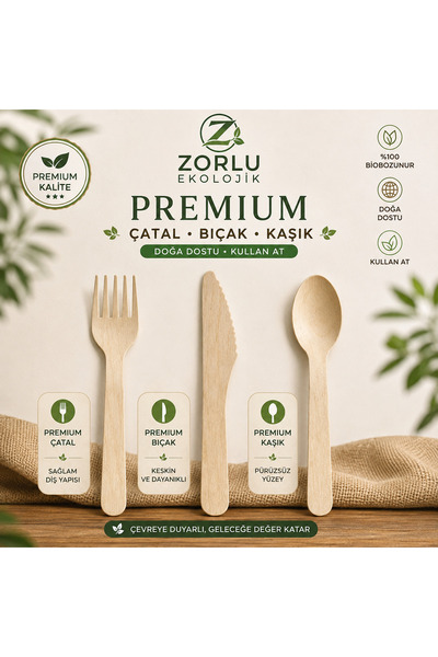 Zorlu Ekolojik Ürünler Premium Tahta Çatal Bıçak Kaşık Seti 24'lü 72 Parça