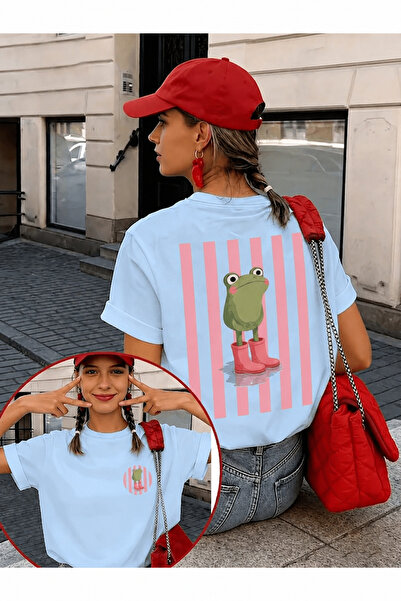 OVER HEAD Women's Striped Frog Printed Oversized T-Shirt