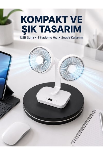 Eco Lounge 720° Döner Çift Taraflı Masaüstü Vantilatör – USB Şarjlı Sessiz Fan