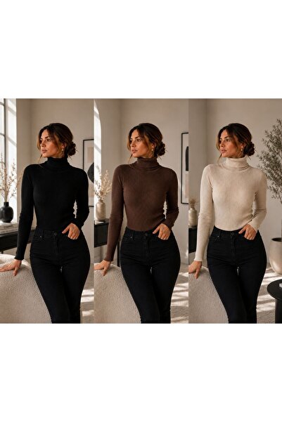 DepoExport Women's 3-Piece Body-Fitting Turtleneck Ribbed Knit Sweater