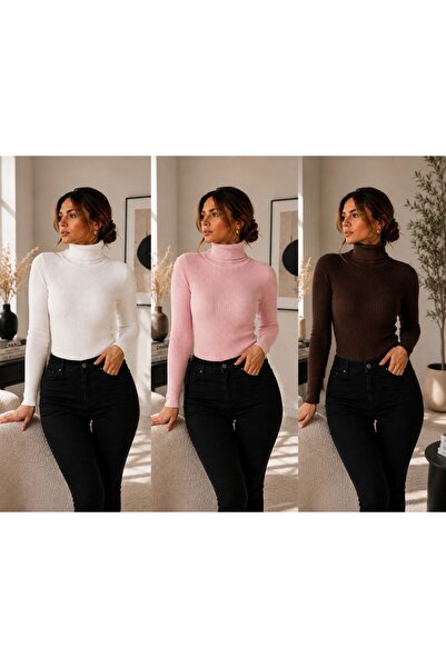 DepoExport Women's 3-Piece Body-Fitting Turtleneck Ribbed Knit Sweater