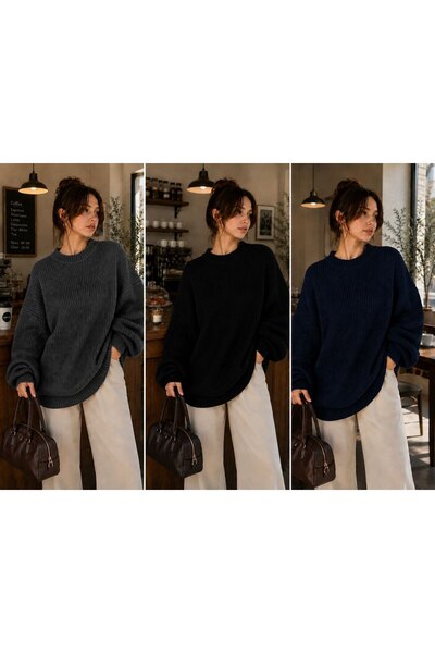 depoxport Women's 3-Piece Premium Crew Neck Oversize Knitwear Sweater Soft Kn...