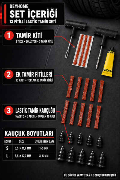 DEYHOME 3'lü Set 13 Fitilli Tubeless Oto Lastik Tamir Kiti – T Kollu Aparat, ...