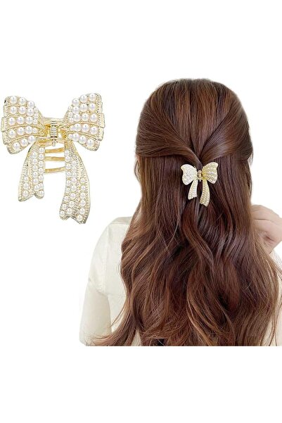 Hannea ® Small Pearl Bow Hair Clips for Women, Elegant Golden Alloy Hair Acce...