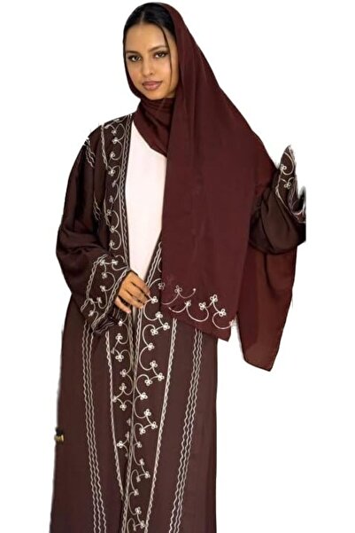 Generic Abaya Lina – Rich chocolate brown color & White Embroidered Three-Pie...