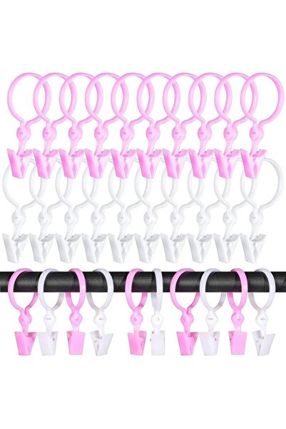 KASTWAVE 40 PCS Plastic Curtain Clips with Rod Rings, Pink and White Curtain ...