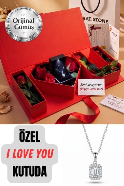 CARAT STONE "I Love You" HEDİYE KUTUSUNDA 925 AYAR GERÇEK GÜMÜŞ BAGET KADIN K...