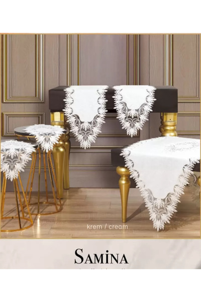Ceki Home Κρεμ Σαμίνα Μοντέλο 5 τεμαχίων Σετ τραπεζομάντηλο από λινό δαντέλα,...