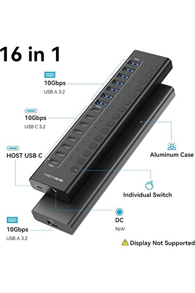 Acasis موزع USB 3.2 بـ 16 منفذ (8 منافذ USB-A 3.2 + 8 منافذ USB-C 3.2)، بسرعة...