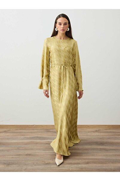 Refka Asymmetrical Cut Gold Sleeve Accessory Detailed Hijab Dress - Olive Gre...