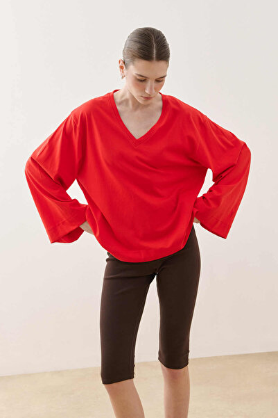 Fahhar V-Neck Long Sleeve T-Shirt Red