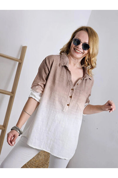bysoca Women's Brown Ecru Gradient Ombre Linen Textured Bohemian Tunic Oversi...