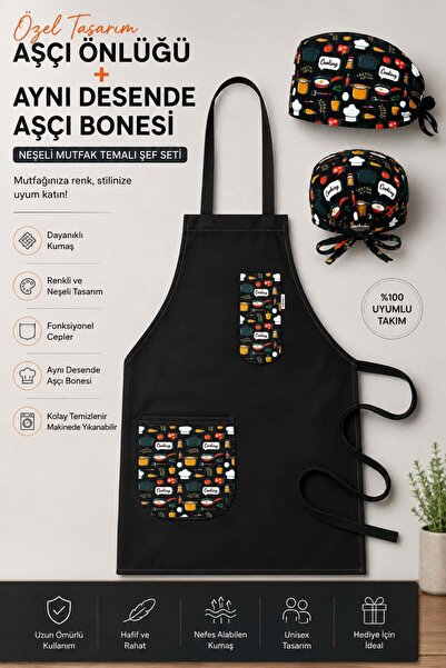 bonecim Özel Tasarım Aşçı Önlüğü ve Aşçı Bonesi Seti, Alpaka Kumaş Baskılı Ch...