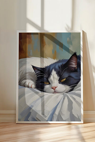 Uyuyan Siyah Beyaz Kedi Dekoratif Duvar Tablosu Beyaz Çerçeveli Poster Tablo Ev Ofis Duvar Dekoru